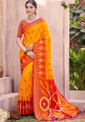 Mustard Woven Zari Work Pochampalli Silk Saree Set