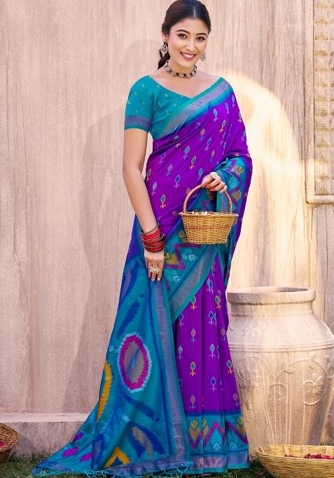 Purple Woven Zari Work Pochampalli Silk Blend Saree Set