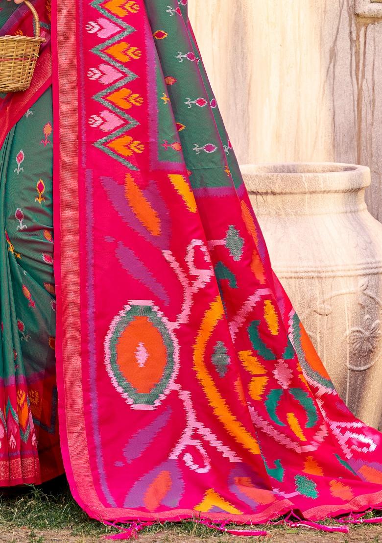 Grey Woven Zari Work Pochampalli Silk Saree Set - Indya