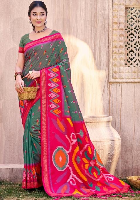 Grey Woven Zari Work Pochampalli Silk Saree Set