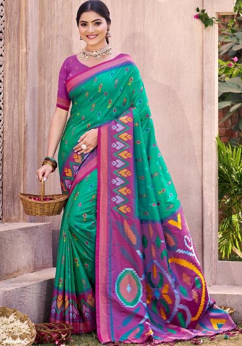 Teal Green Woven Zari Work Pochampalli Silk Saree Set