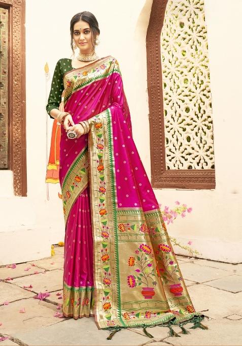 Magenta Woven Zari Work Paithani Silk Blend Saree Set