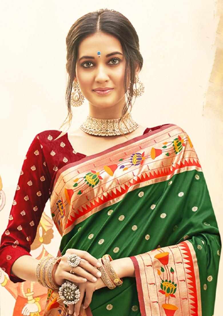 Dark Green Woven Zari Work Paithani Silk Saree Set - Indya