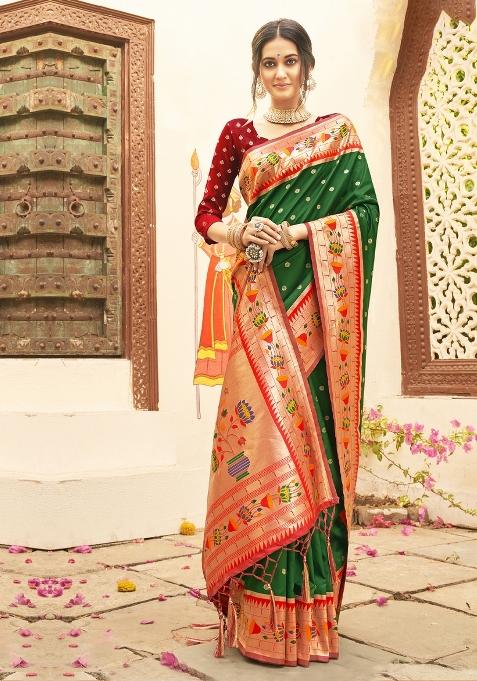 Dark Green Woven Zari Work Paithani Silk Saree Set