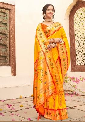 Yellow Woven Zari Work Paithani Silk Saree Set