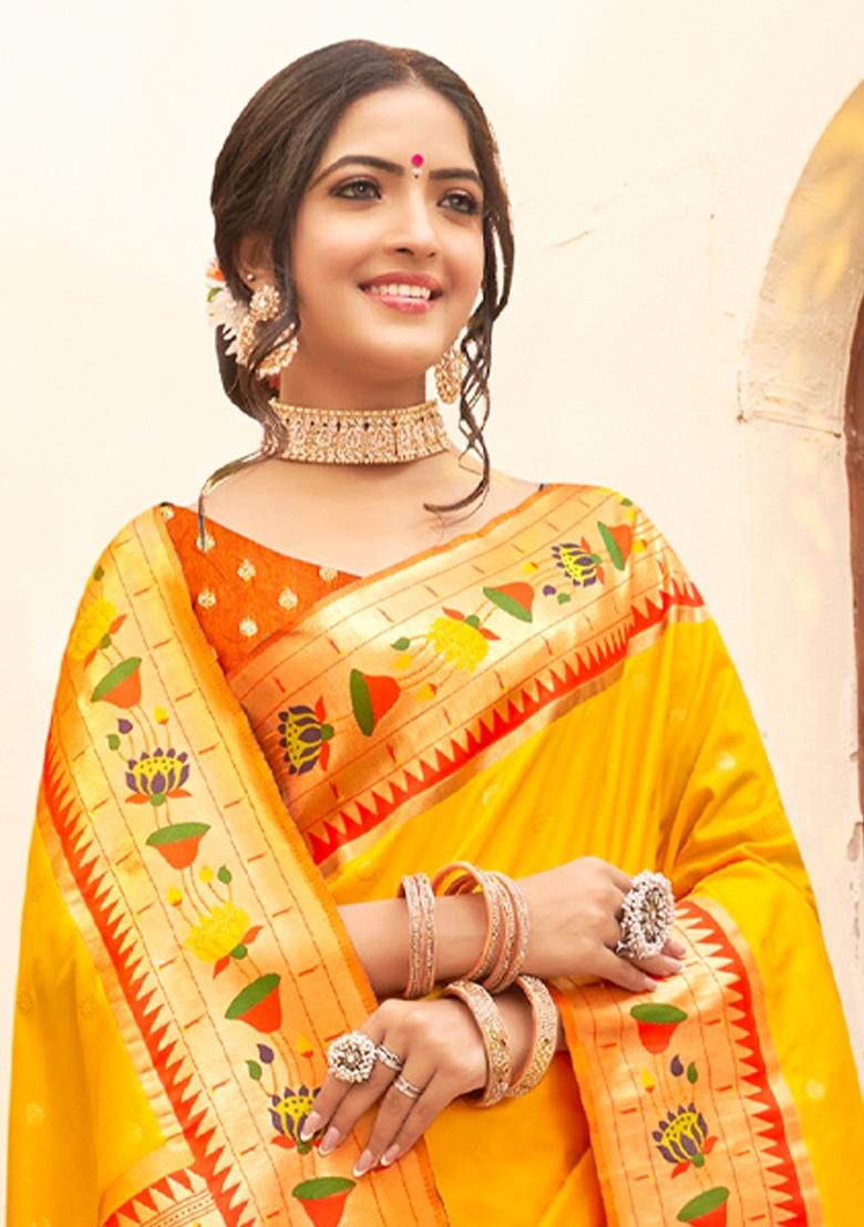Yellow Woven Zari Work Paithani Silk Saree Set - Indya