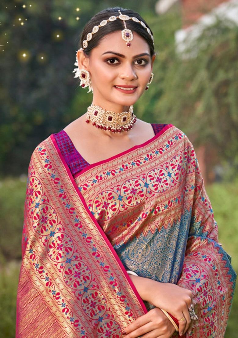 Blue Woven Zari Work Kanjivaram Silk Saree Set - Indya