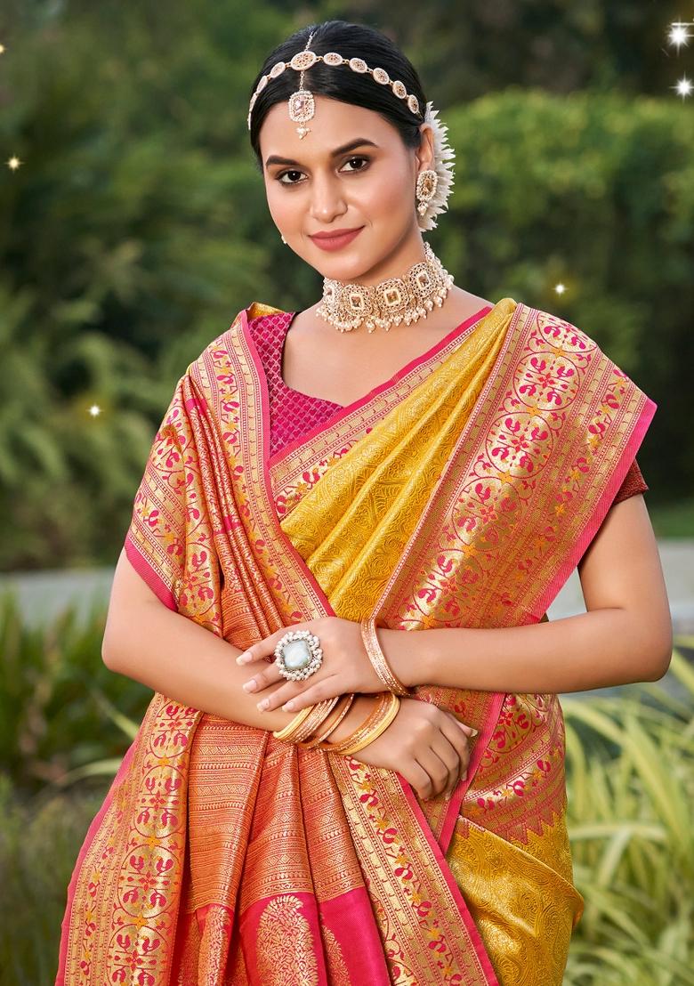Mustard Woven Zari Work Kanjivaram Silk Saree Set - Indya