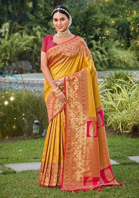 Mustard Woven Zari Work Kanjivaram Silk Saree Set