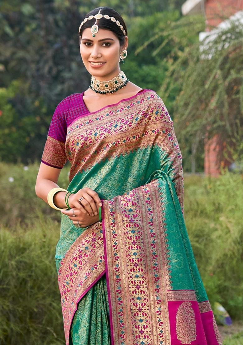 Rama Green Woven Zari Work Kanjivaram Silk Saree Set - Indya