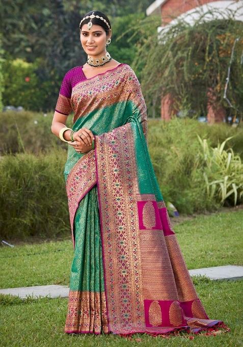 Rama Green Woven Zari Work Kanjivaram Silk Blend Saree Set