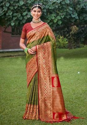 Mhendi Green Woven Zari Work Kanjivaram Silk Saree Set
