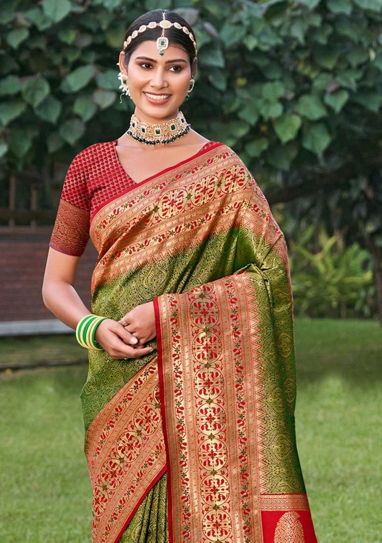 Mhendi Green Woven Zari Work Kanjivaram Silk Saree Set - Indya
