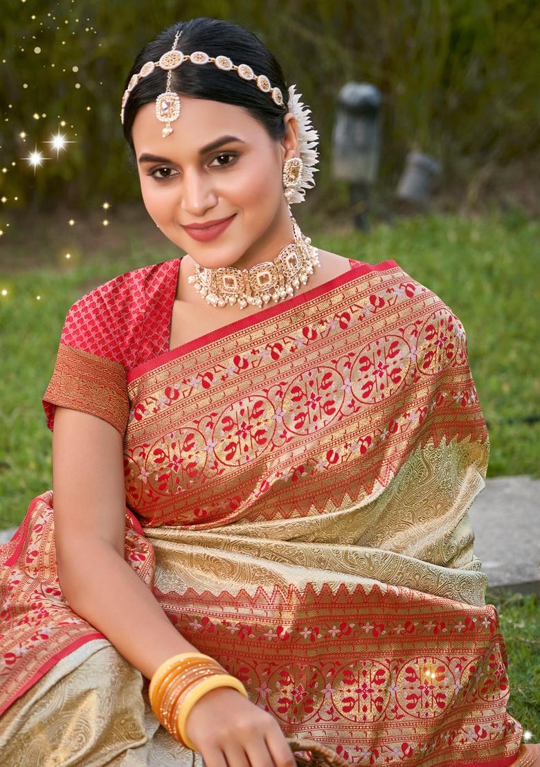 Cream Woven Zari Work Kanjivaram Silk Saree Set - Indya