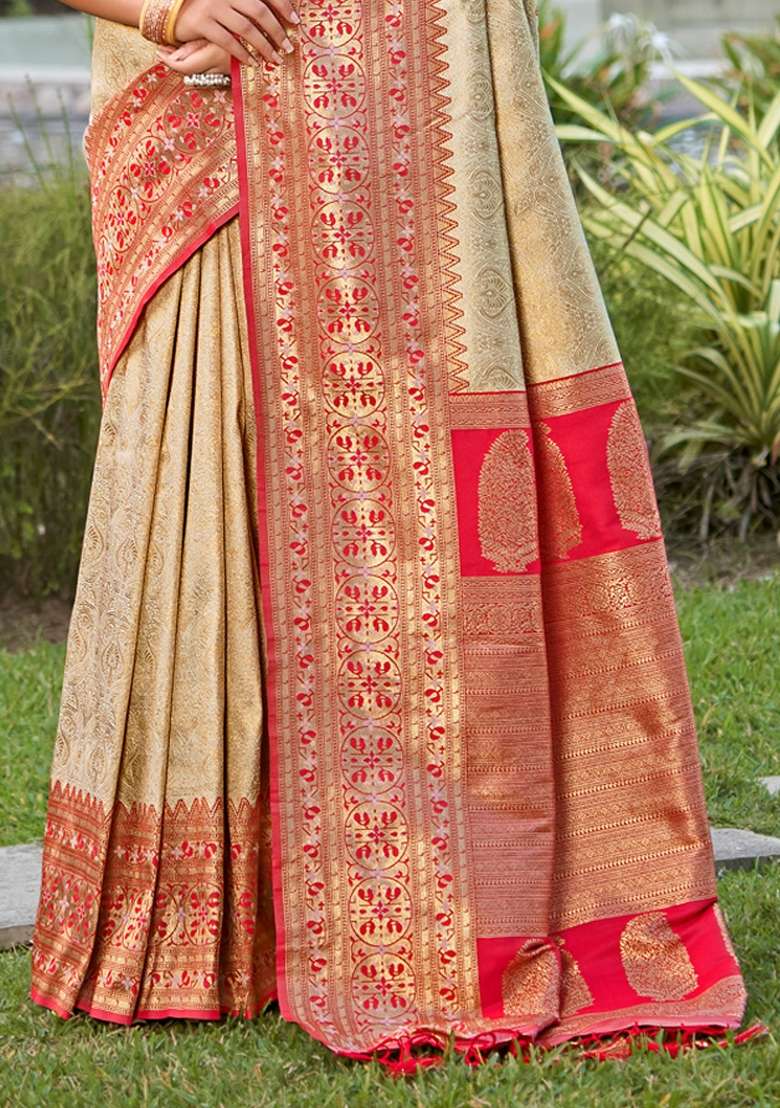 Cream Woven Zari Work Kanjivaram Silk Blend Saree Set for Diwali and Festive Wear - Indya