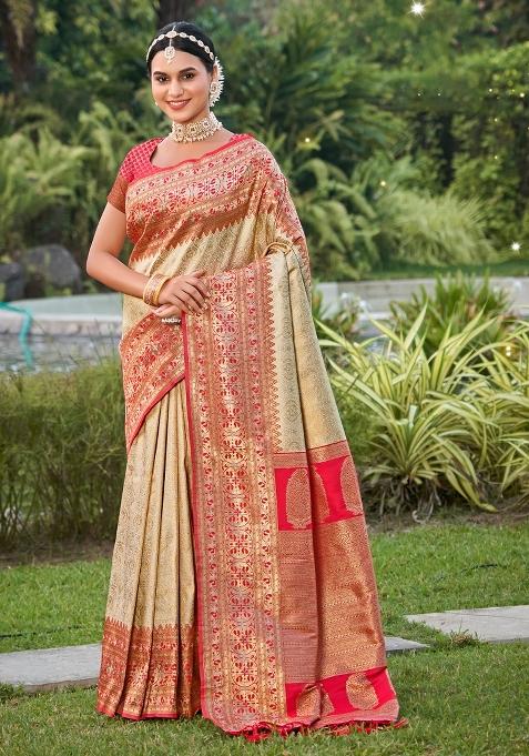 Cream Woven Zari Work Kanjivaram Silk Blend Saree Set