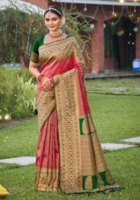 Pink Woven Zari Work Kanjivaram Silk Saree Set