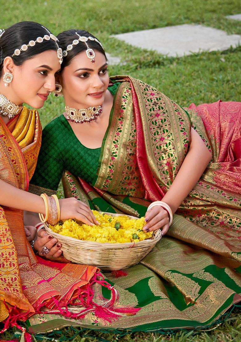 Pink Woven Zari Work Kanjivaram Silk Saree Set - Indya