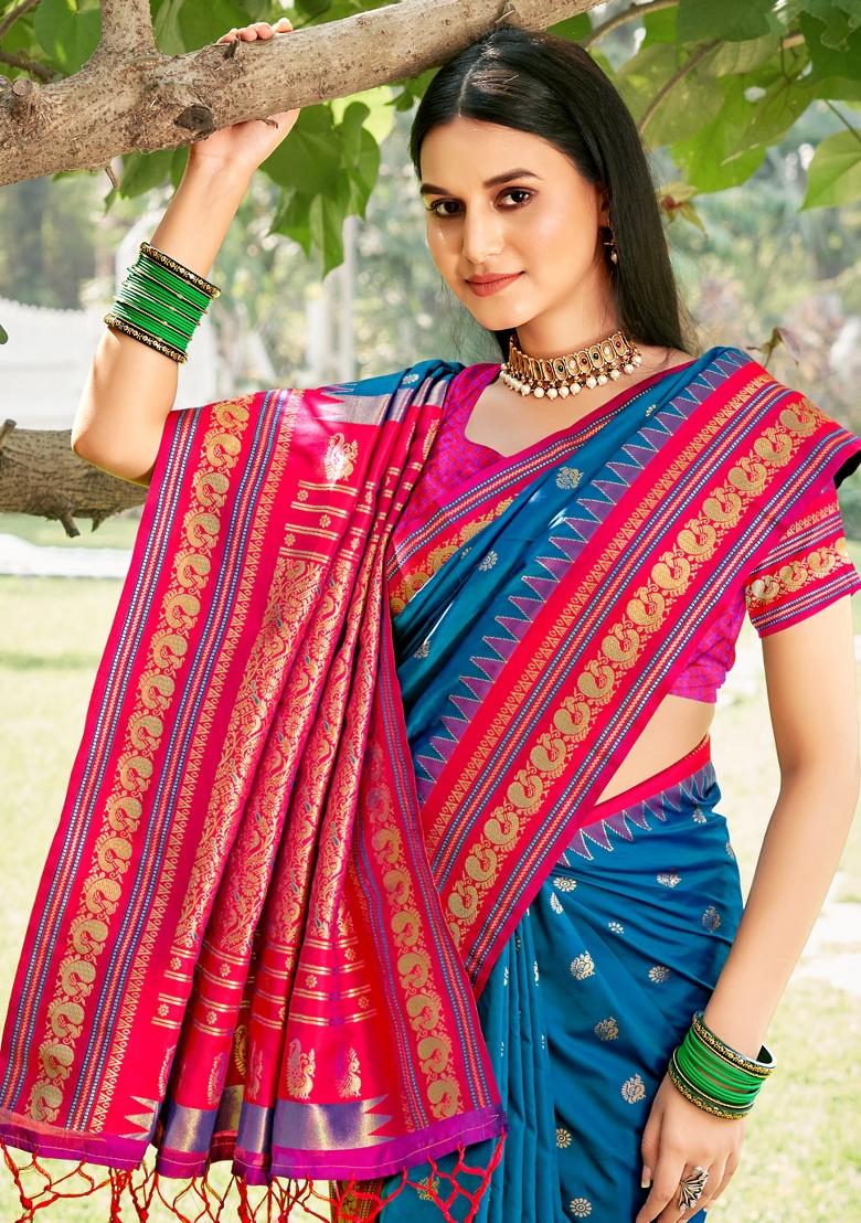 Blue Woven Zari Work Paithani Silk Saree Set - Indya