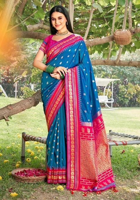 Blue Woven Zari Work Paithani Silk Saree Set