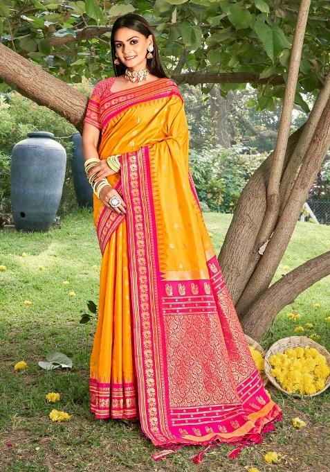 Yellow Woven Zari Work Paithani Silk Blend Saree Set