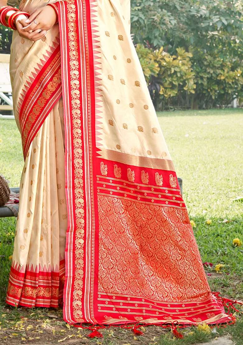 Cream Woven Paithani Silk Blend Saree Set with Zari Work for Diwali | Wedding & Festive Wear - Indya
