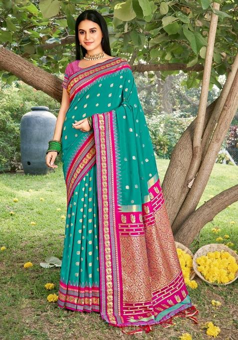 Sea Green Woven Zari Work Paithani Silk Saree Set — view on Indya