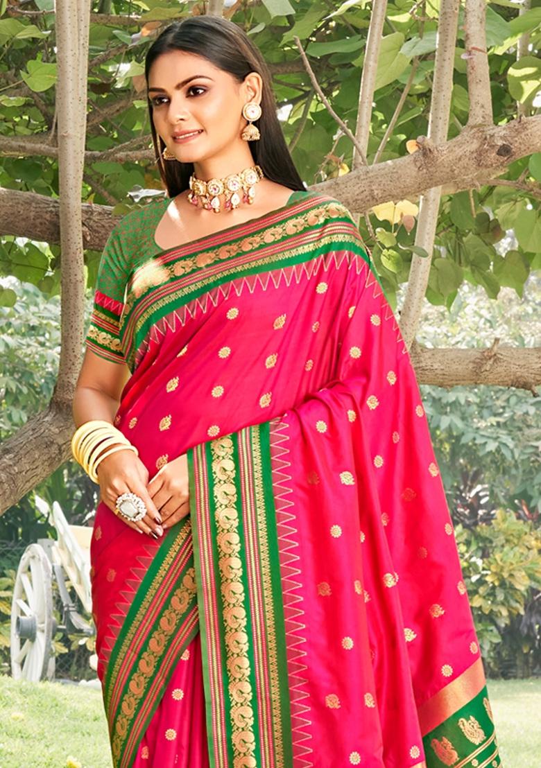 Pink Woven Zari Work Paithani Silk Saree Set - Indya