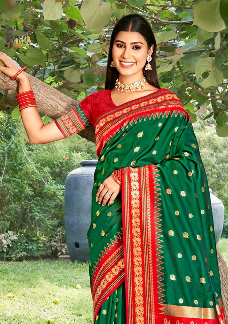 Green Woven Zari Work Paithani Silk Saree Set - Indya