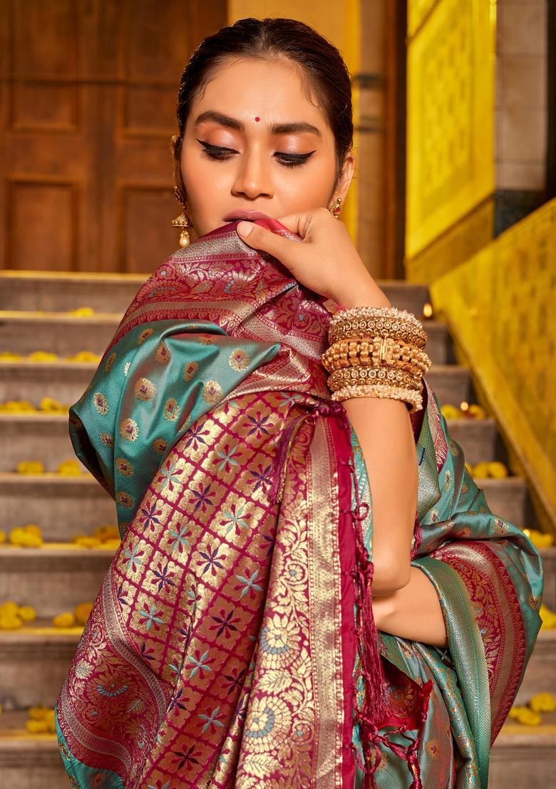 Sea Green Woven Zari Work Banarasi Silk Saree Set - Indya