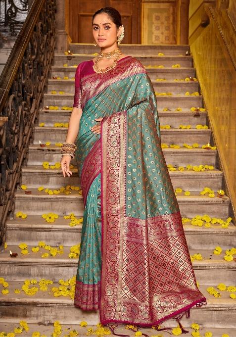 Sea Green Woven Zari Work Banarasi Silk Saree Set — view on Indya