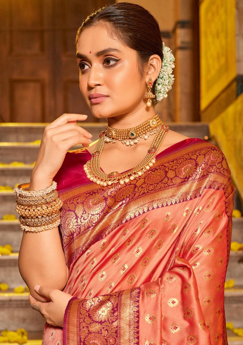 Peach Woven Zari Work Banarasi Silk Saree Set - Indya