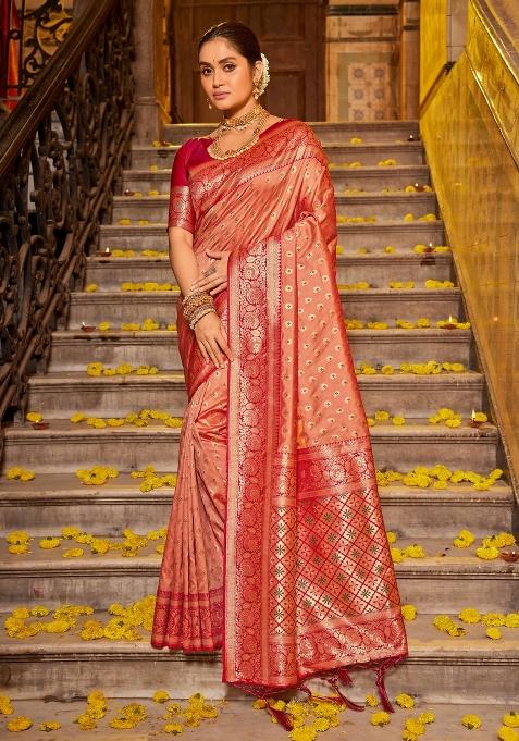Peach Woven Zari Work Banarasi Silk Saree Set