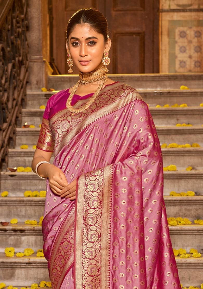 Light Pink Woven Zari Work Banarasi Silk Saree Set - Indya