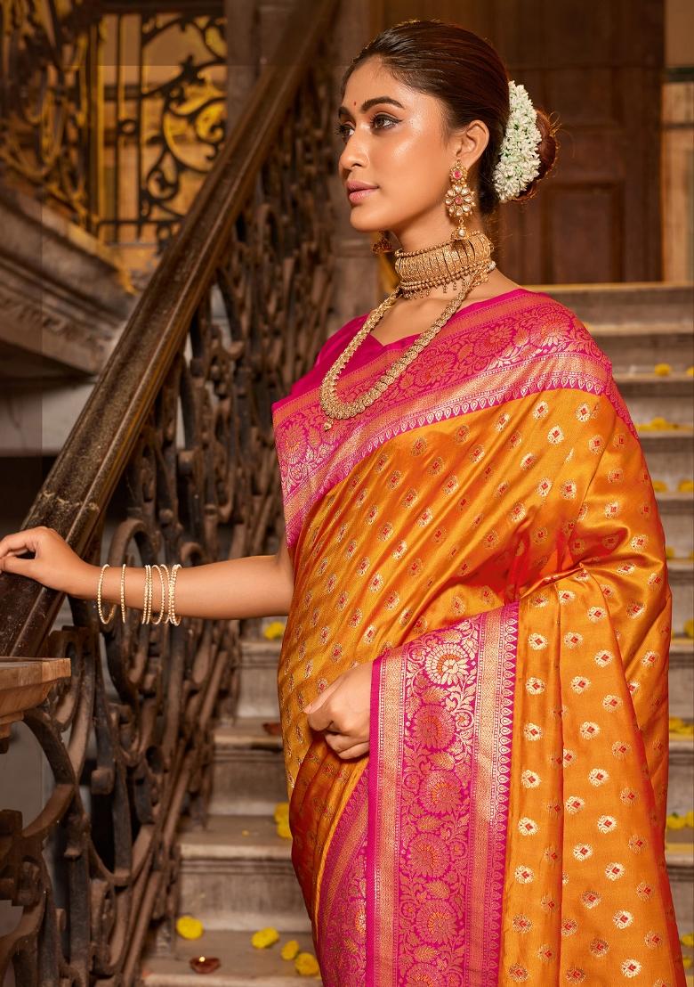 Mustard Woven Zari Work Banarasi Silk Saree Set - Indya