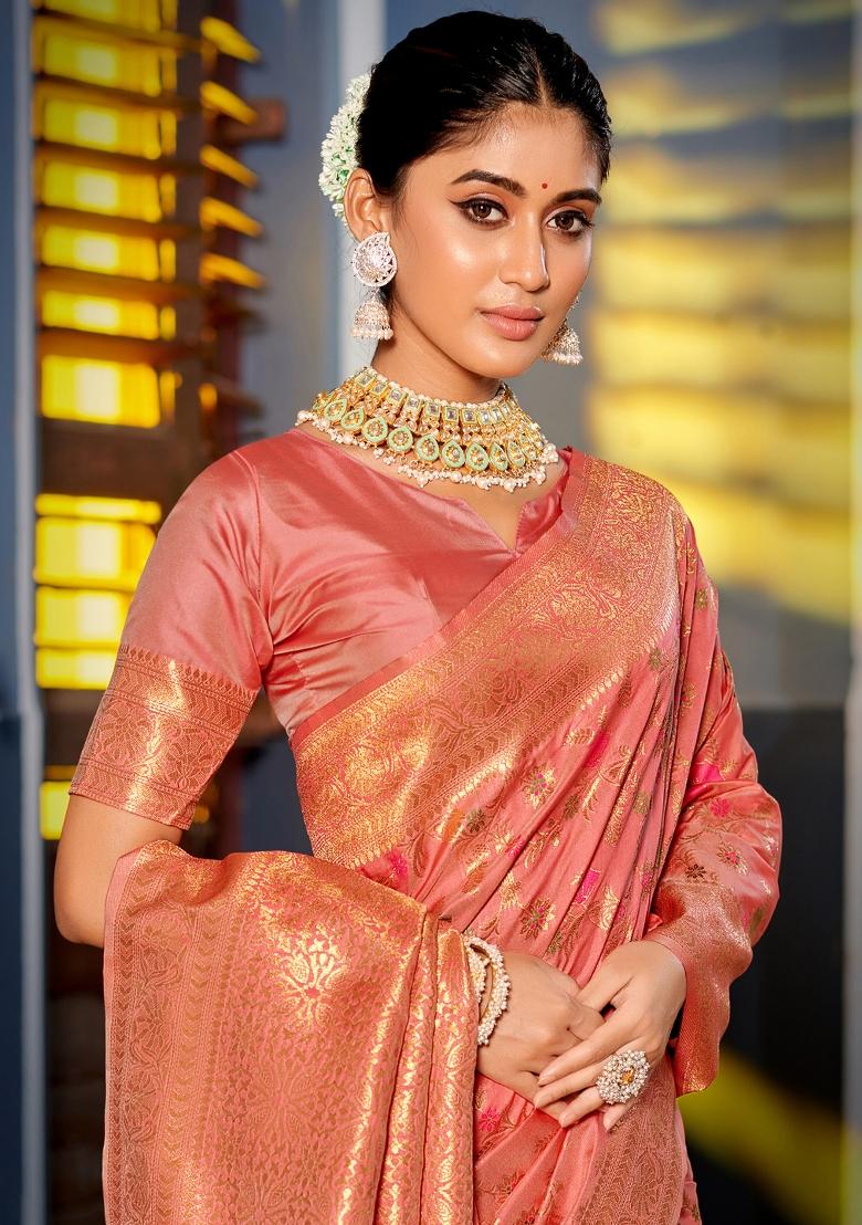 Peach Woven Zari Work Banarasi Silk Saree Set - Indya