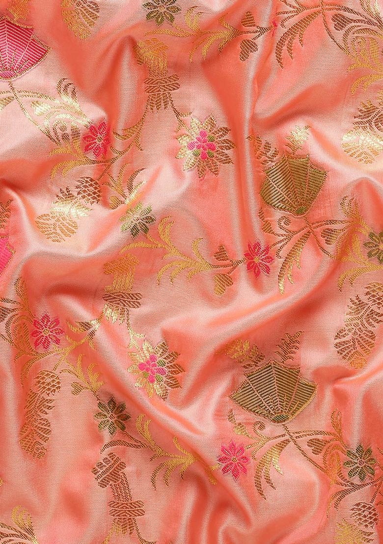 Peach Woven Zari Work Banarasi Silk Saree Set - Indya