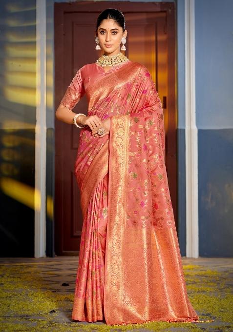 Peach Woven Zari Work Banarasi Silk Saree Set