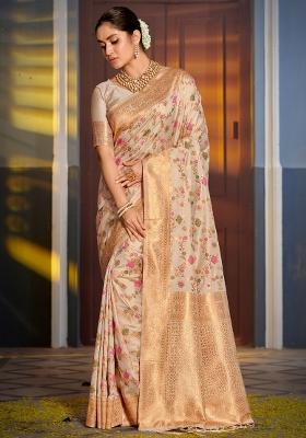 White Woven Zari Work Banarasi Silk Saree Set