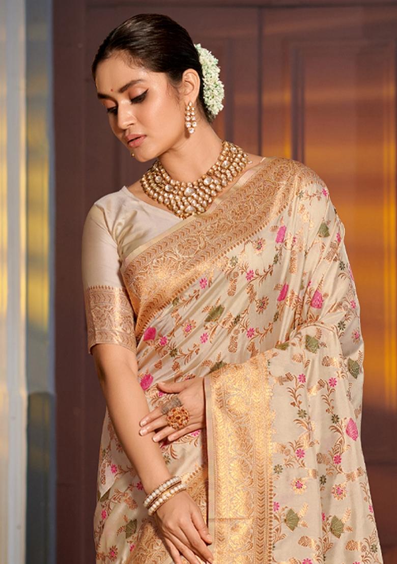 White Woven Zari Work Banarasi Silk Saree Set - Indya