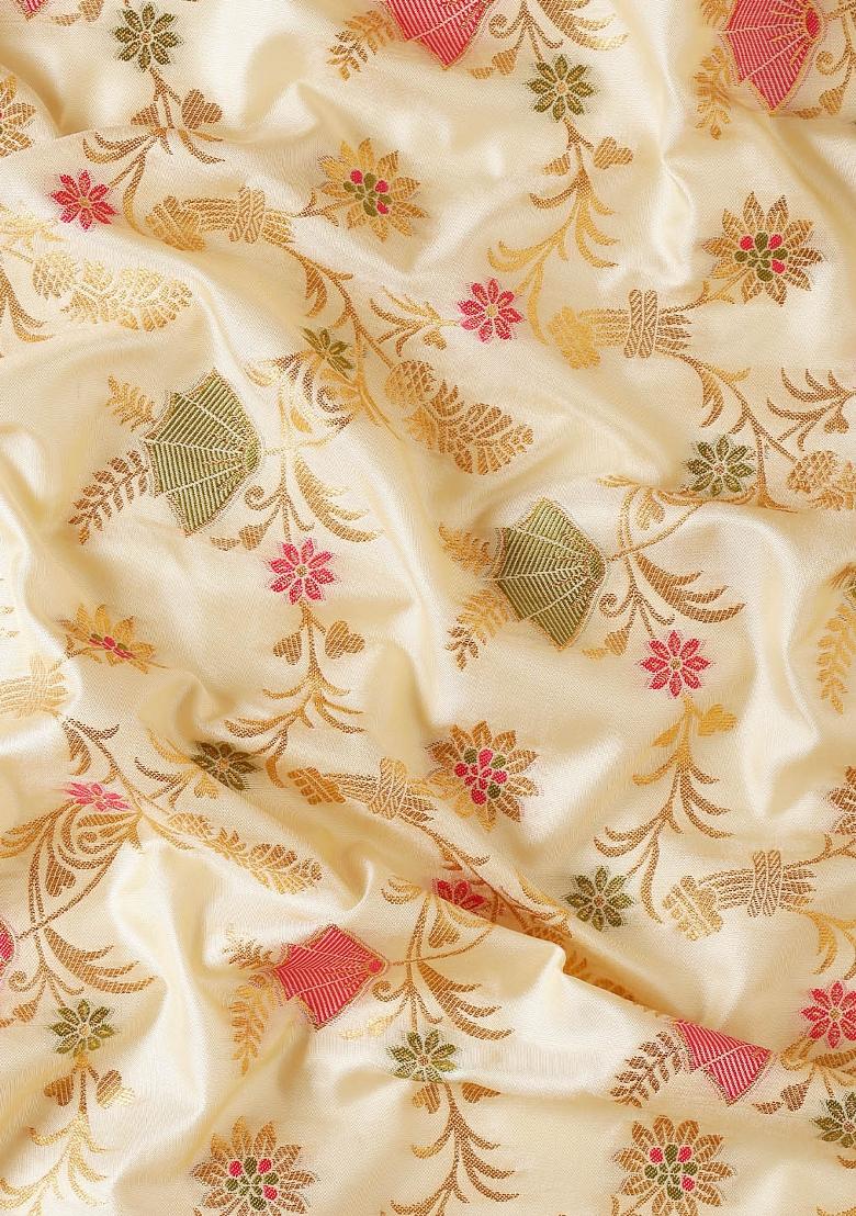 White Woven Zari Work Banarasi Silk Saree Set - Indya