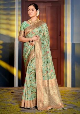 Sea Green Woven Zari Work Banarasi Silk Saree Set