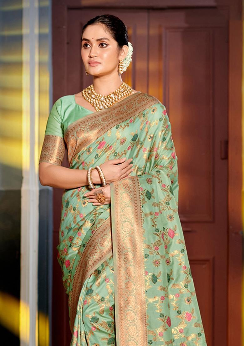 Sea Green Woven Zari Work Banarasi Silk Saree Set - Indya