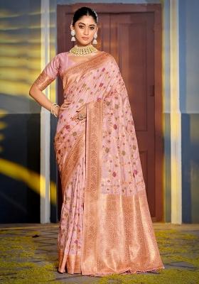 Pink Woven Zari Work Banarasi Silk Saree Set