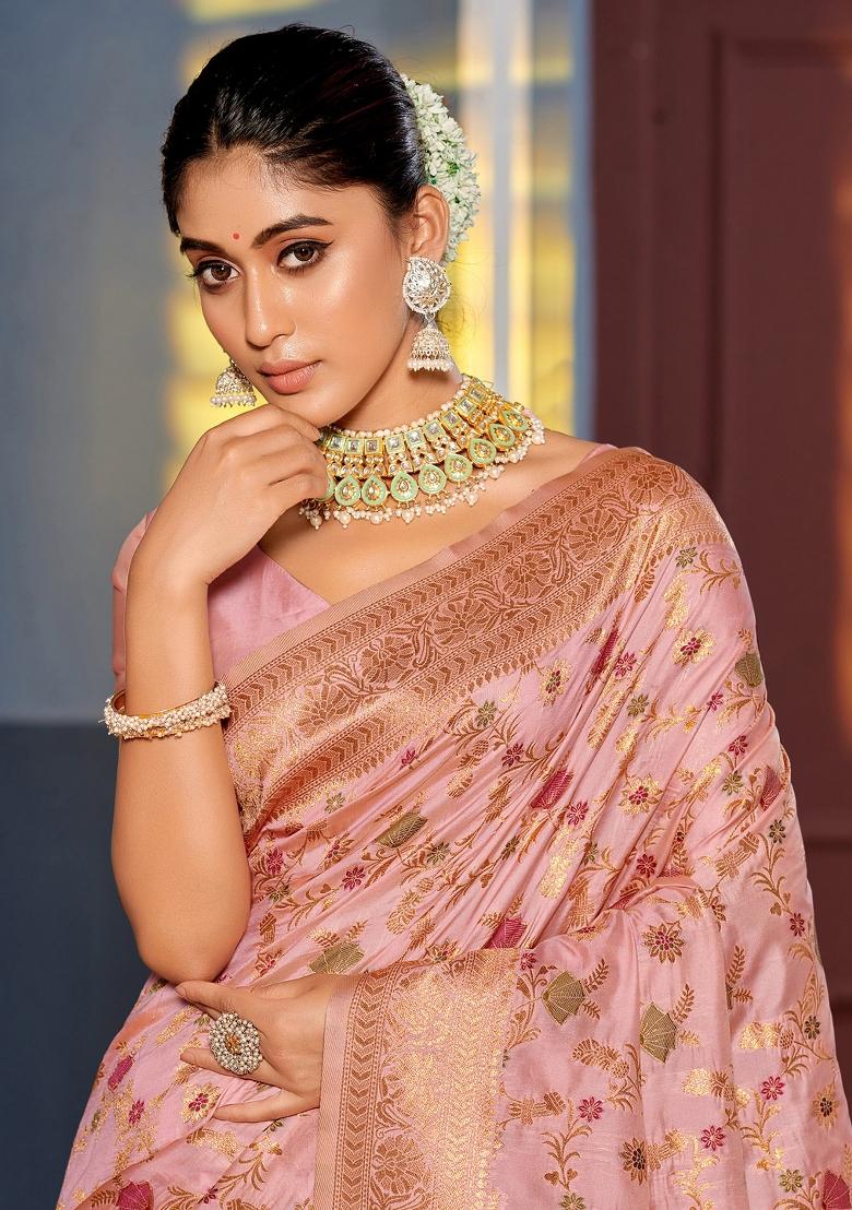 Pink Woven Zari Work Banarasi Silk Saree Set - Indya
