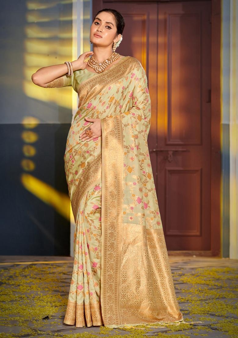Light Green Woven Zari Work Banarasi Silk Saree Set - Indya
