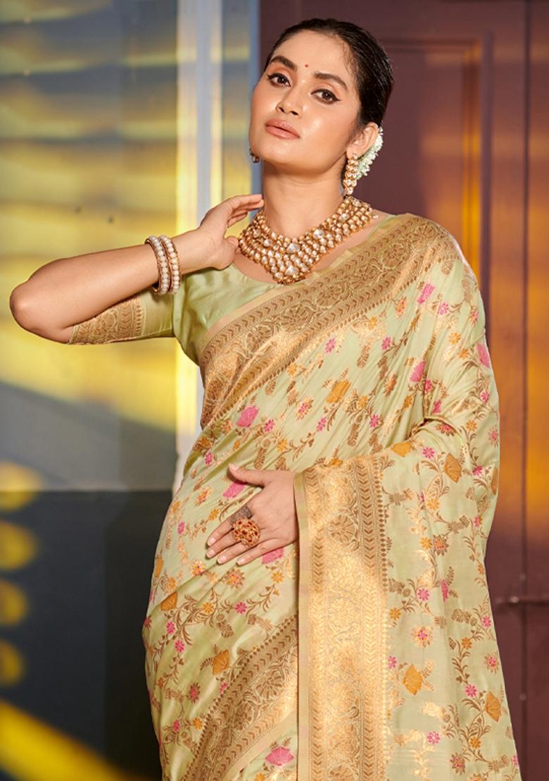 Light Green Woven Zari Work Banarasi Silk Saree Set - Indya
