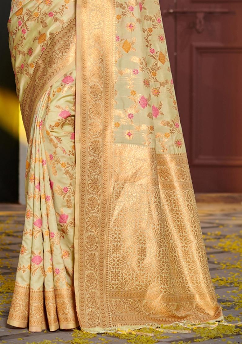 Light Green Woven Zari Work Banarasi Silk Saree Set - Indya