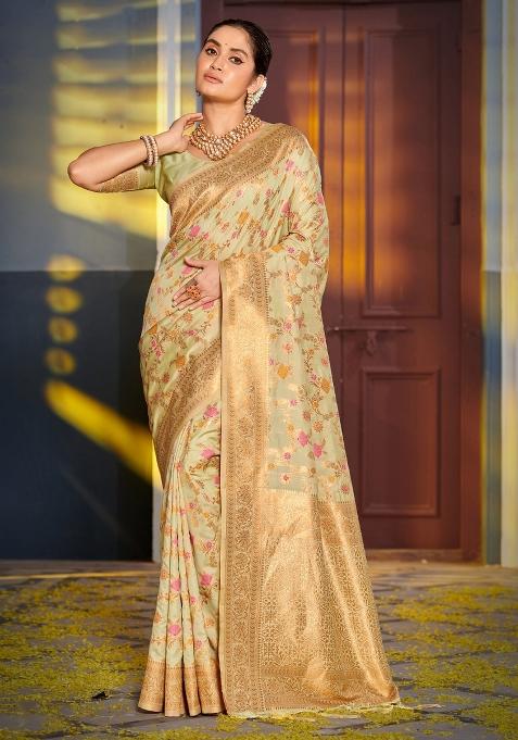 Light Green Woven Zari Work Banarasi Silk Blend Saree Set