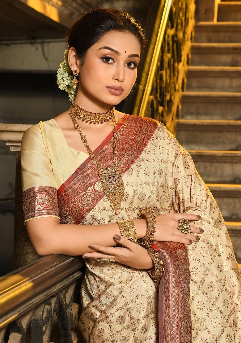 Maroon Woven Zari Work Banarasi Silk Saree Set - Indya